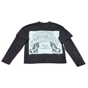 Sudadera de manga larga de doble capa con bordado de parches, pedrería, estampado y lavado ácido, estilo oversize, ropa streetwear personalizada - Product Image 1