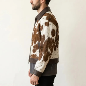 Chaqueta Corta de Cuero Vacuno Marrón Vintage para Hombre, Chaqueta de Invierno con Calefacción, Cuello Alto, Estampado Animal, Cierre de Cremallera con Logotipo Frontal - Product Image 4
