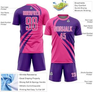 Ensemble de maillots de volley-ball personnalisés sublimés rose et violet, col rond, manches courtes, évacuation de l'humidité, tenue d'équipe pour adultes - Product Image 2