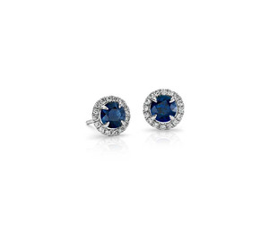 10K Gold <b>Blue</b> Sapphire and Round Diamond (Natural) Halo <b>Stud</b> <b>Earrings</b> - Product Image 1