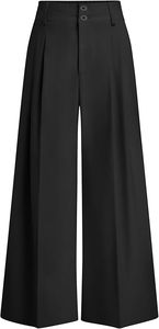 Pantalones anchos de cintura media para mujer, negros lisos de lona, casuales, plisados, de largo completo, ajuste holgado, cintura elástica, estilo lavado para otoño - Product Image 1