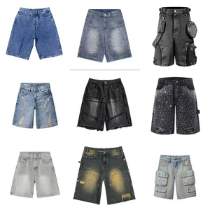 Pantalones cortos de mezclilla para hombre, de pierna ancha, holgados, de tiro alto, con efecto desgastado, lavado vintage, de tejido grueso, con logotipo bordado personalizado, para verano, al por mayor - Product Image 3