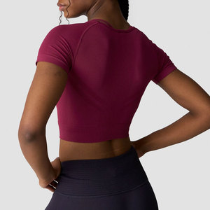 Custom Loose Breathable Women Yoga <b>Top</b> High Stretch Spandex/Nylon Solid Color <b>Crop</b> <b>Top</b> Short Sleeve Sportswear T-Shirt - Product Image 2