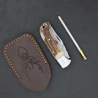 Couteau de poche pliant droit en acier Damas fait main, manche en bois de cerf, outil multifonctionnel de chasse et de survie, étui en cuir, camping