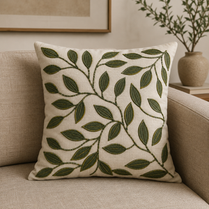 Square Embroidered Leaf Pattern Cushion <b>Cover</b> Nordic Style Home Decor 100% Cotton <b>White</b> Green Plant Design - Product Image 3