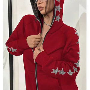 Sweat-shirts à capuche pour femmes de haute qualité, en molleton de coton épais, avec fermeture éclair, strass étoiles, imprimé graphique, grande taille - Product Image 6
