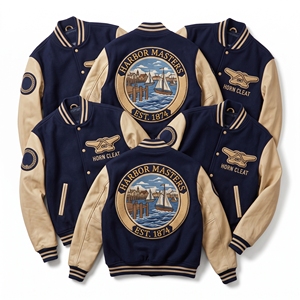 Veste universitaire personnalisée OEM en laine avec manches en cuir, broderie Clipper Fleet Ship et patch figuratif, manteau noir - Product Image 4