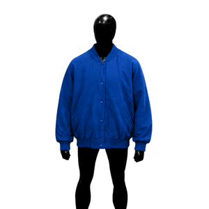 Chaqueta universitaria de lana azul real para hombre, chaqueta bomber extragrande personalizada con cierre de botones a presión, cuello, puños y dobladillo acanalados. - Product Image 1