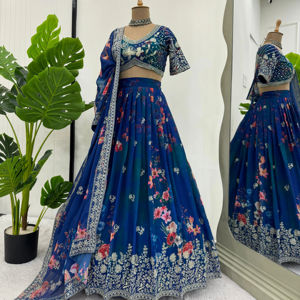 Lehengha detalles Tela Foux Gorgette con impresión digital Hilo de trabajo con Sequnce Tamaño Hasta 44 - Product Image 1