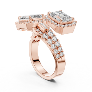 Ensemble de bagues de mariage de luxe en moissanite taille émeraude à double halo en alliage d'or jaune 14 carats |   Bague de fiançailles et alliance pavées - Product Image 1