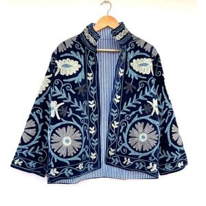 Stylish Premium Quality Winter Cotton Velvet Embroidered Vintage Floral Suzani Style Bohemian Reversible <b>Jacket</b> Gift for Her - Product Image 1