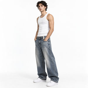 Japanese Style Baggy <b>Jeans</b> <b>Men</b> Vintage Denim Pants Loose Fit Street Fashion Casual <b>Trousers</b> Factory Direct - Product Image 3