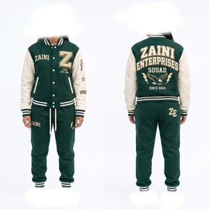 Heavyweight 320 GSM Cotton Fleece Casual Printed Varsity Tracksuit Green for Sleeve Panels Custom Chenille <b>Embroidery</b> Logo <b>Set</b> - Product Image 1