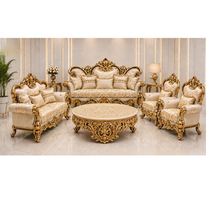 Ensemble de canapés en L de style château traditionnel sur mesure en bois de teck luxueux avec revêtement en velours et dossier capitonné pour salon, villas aux États-Unis - Product Image 1