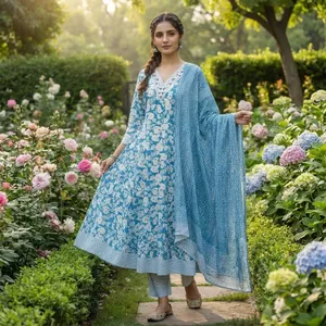 Ensemble Kurta Anarkali pour femmes, imprimé floral bleu, col en V, robe évasée avec dupatta, tenue traditionnelle ethnique pour les occasions festives - Product Image 2