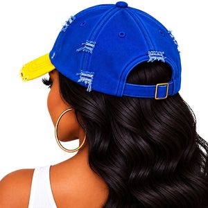 Casquette de baseball pour femme, bleu roi et jaune, avec broderie Poodle, effet vieilli, bicolore, visière courbée, boucle réglable, style Dad Hat tendance - Product Image 6