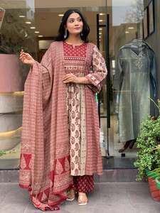 Red Panel Print Pure Cotton Round Neck Women Salwar Kameez Set 3/4th Sleeve <b>Kurti</b> & Pant with Dupatta for Party Wedding - Product Image 1