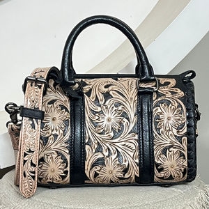 Luxury Western Style Tooled Floral Carving Leather Duffel <b>Bags</b> Genuine Leather Durable <b>Crossbody</b> Travel Weekender Women Handbags - Product Image 2