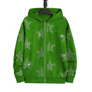 Sweat-shirt à capuche rouge avec fermeture éclair, imprimé étoiles en strass, coupe classique, unisexe, décontracté, veste en polaire respirante, vêtements d'automne - Product Image 3