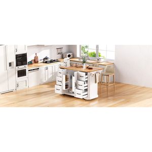 Isola da Cucina K K da 56 Pollici con 4 Ripiani, Presa di Corrente, Strisce Verticali in Rilievo, Piano Ribaltabile in Impiallacciatura di Legno di Gomma - Product Image 1