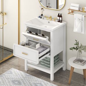 Mobile Bagno Moderno da 24 Pollici con Lavabo Integrato, 2 Cassetti e Armadietto Contenitore, Lavabo Singolo - Product Image 2