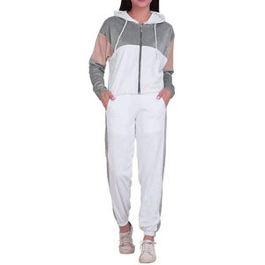 Women Color Blocking Tracksuit Hooded Full Sleeve Zipper Closure Breathable Casual Pants Set Autumn White Gray Polyester Cotton - Product Image 1