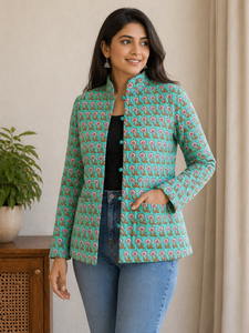 Chaqueta acolchada estampada de manga larga unisex para hombre y mujer, de algodón puro, reversible, con estampado étnico hecho a mano, estilo boutique. - Product Image 5