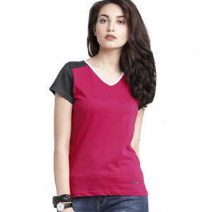 Camiseta de Manga Corta con Cuello en V y Bloques de Color para Mujer, Camiseta Informal Transpirable de Algodón de Punto para Primavera y Verano - Product Image 1