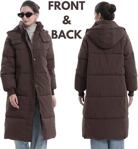 Veste matelassée longue à capuche pour femme, marron uni, manches longues, fermeture éclair, manteau d'hiver chaud avec capuche amovible, fibre de polyester F - Product Image 2
