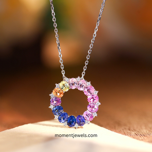 Luxury <b>Rainbow</b> <b>Lab</b> Grown Gemstone Pendant Necklace 925 Sterling Silver Cable Chain U Shape Bubble Pattern Solid Silver Colorful - Product Image 4