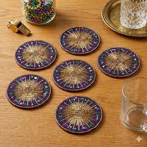 Set of Handmade Purple, Green, and Gold Beaded Coasters, Mardi Gras Sunburst Drink Coasters, Luxury Beaded <b>Table</b> Decor - Product Image 2