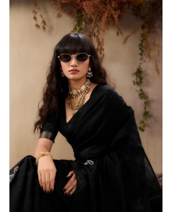 Sari de algodón Muga negro metálico KV con blusa sin coser - Product Image 3