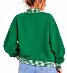 OEM Custom <b>Women</b>’s <b>Christmas</b> Oversized Mock Neck <b>Sweatshirt</b> Gingham Plaid Sleeves Letter Applique Embroidery Patchwork - Product Image 3