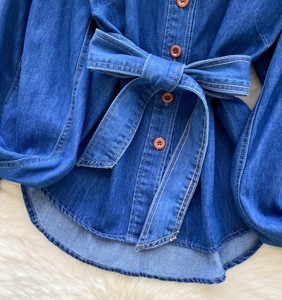 Women's Denim Shirt Mandarin Collar <b>Balloon</b> Sleeve Button Down Wrap Tie Loose Fit Casual Top Full Sleeve Solid Color All Seasons - Product Image 6