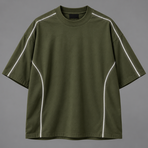 Camiseta de Manga Corta para Hombre, Talla Grande, Color Verde Oliva, con Ribete en Contraste, Cuello Redondo Tejido, Estilo Vintage, 100% Algodón, Transpirable y Antiarrugas - Product Image 1