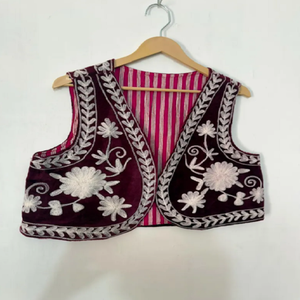 Opulent Short Floral Suzani Velvet Breathable Cotton Gilet with Artistic Embroidery Boho <b>Waistcoat</b> Sleeveless Layering Jacket - Product Image 5