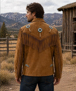 Men's Brown <b>Suede</b> <b>Leather</b> <b>Jacket</b> With Fringe And Beaded Embroidery Turn-down Collar Casual Autumn Wear - Product Image 4