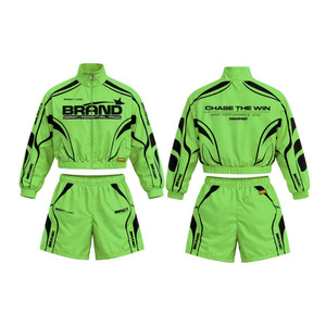 Conjunto corto de sudadera cortavientos de algodón grueso de 300 GSM, azul real con estampado gráfico amarillo y logo en relieve, para hombre. - Product Image 5