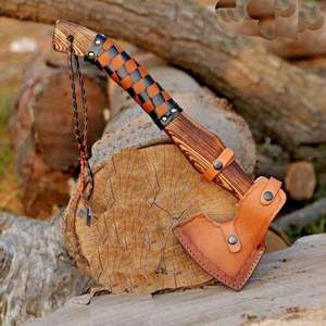 Hand Forged High Carbon Steel Builder's Hatchet Custom OEM <b>Wood</b> Leather Wrap Handle Bearded Head <b>Axe</b> with Leather Sheath - Product Image 4