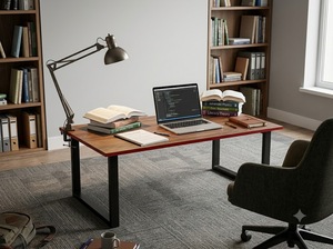 Modern Wood <b>Computer</b> <b>Desk</b> With Bookshelf <b>Black</b> Metal Frame Office Study Table For Home Workspace - Product Image 6