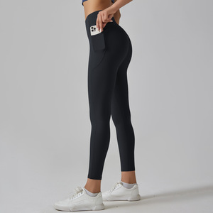 High Quality Women's Nylon High Waist <b>Leggings</b> Soft Breathable Workout Sports Pants <b>Pockets</b> Custom Logo Solid Yoga Pants - Product Image 4