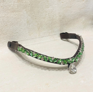 Frontière de tête de cheval en cuir de buffle épais, originale, avec cristaux et pierres, motif feuille verte personnalisé, forme vague, pour taille Full Cob - Product Image 6