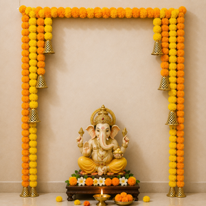 Guirnalda Decorativa de Caléndulas Amarillas y Naranjas, Campanas Doradas, Hecha a Mano con Plástico Ecológico, para Colgar en la Puerta, Decoración para Diwali, Bodas y Hogar - Product Image 1