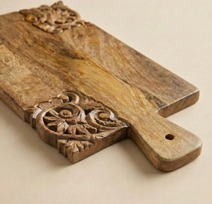 Premium Mango Wood Carved Chopping Board Dual <b>Corner</b> Ornate Detailing Smooth Durable Surface Food Safe Kitchen Serving Platter - Product Image 6