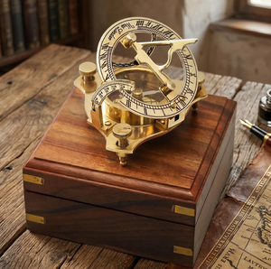 Reloj Solar Marítimo Rectangular de Latón Sólido Hecho a Mano con Brújula Grabada, Decoración Náutica, Vajilla de Latón, Caja de Madera para Regalo - Product Image 1
