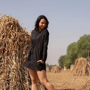 Vestido Mini Minimalista de Lino y Algodón Negro para Mujer, Cuello con Muescas, Manga Larga, Cintura Ajustable, Vestido Casual de Verano - Product Image 2