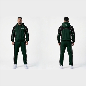 Conjunto de 2 Piezas de Sudadera con Capucha y Pantalones Deportivos de Felpa Gruesa de 400 g/m², Color Verde Oscuro con Paneles en Contraste Negro y Ribete Blanco, Estilo Techwear - Product Image 3