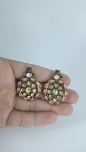 Designer 925 Sterling <b>Silver</b> Gold Plated Pink Kundan Stud <b>Earrings</b> Luxury Women Jewelry - Product Image 4