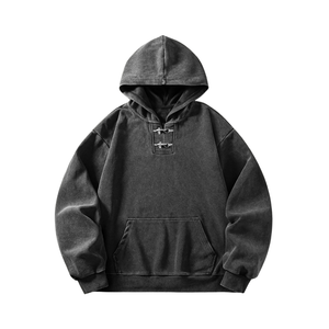 Sweat à capuche oversize pour homme, délavé à l'acide, avec poche kangourou, fermeture à boutons sur le devant, manches longues, style vintage, hiver - Product Image 1