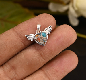 Colgante de alas de ángel de plata 925 con turquesa y ostra espinosa en forma de corazón de 8 mm, con engaste de bisel, dije romántico unisex - Product Image 5